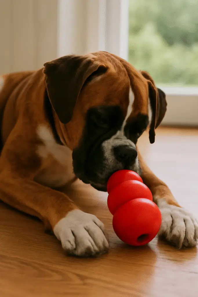 Boxer brincando com brinquedo Kong.