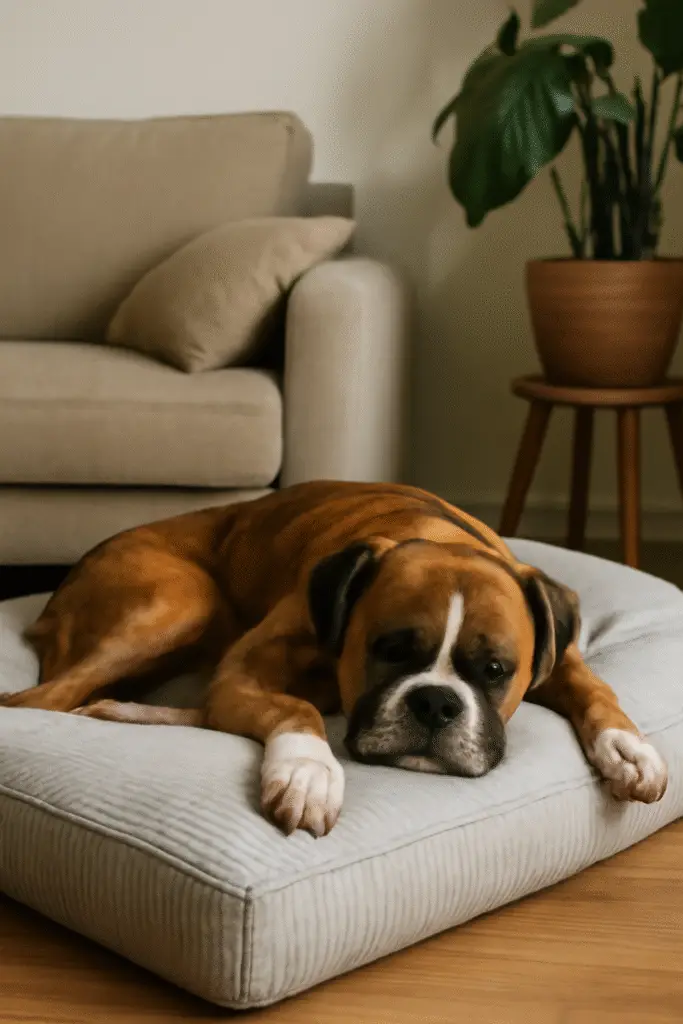 Boxer descansando em uma cama confortável em um ambiente tranquilo.