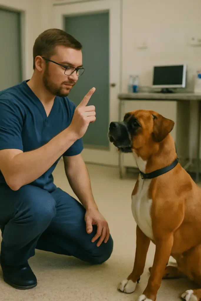 Boxer recebendo orientação.